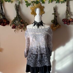 Meadow Rue Fairycore Delicate Gray Ombré Sheer Embroidered Top